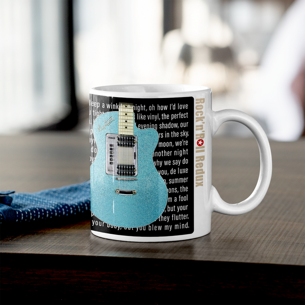 Bryan Ferry Roxy Music Inspired Deluxe Blue Sparkle Premium Quality 11oz Guitar Coffee Mug Gift